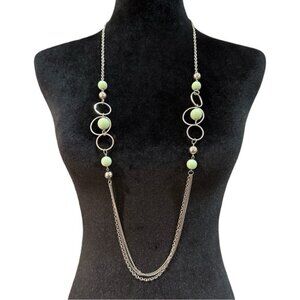 Long Silver Chain Necklace With Green Beads & Circle Accents